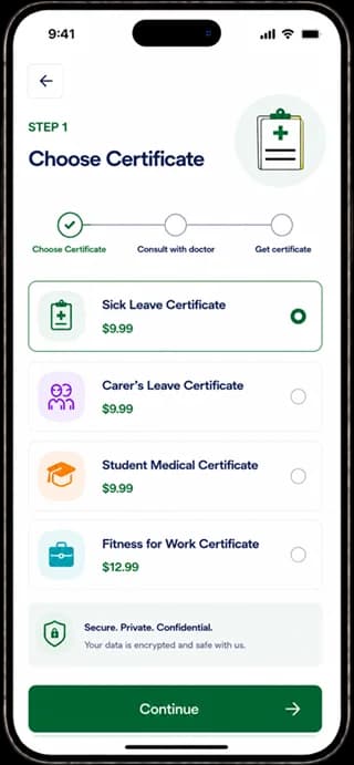 Step 1 of OMC Health certificate process: choose from Sick Leave, Carer's Leave, Student Medical, or Fitness for Work Certificate