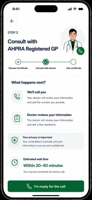 Step 2 of OMC Health certificate process: consult with an AHPRA registered GP by phone call