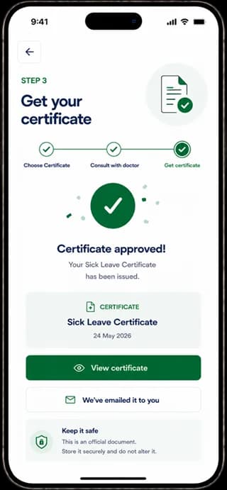 Step 3 of OMC Health certificate process: approved medical certificate issued and emailed to patient