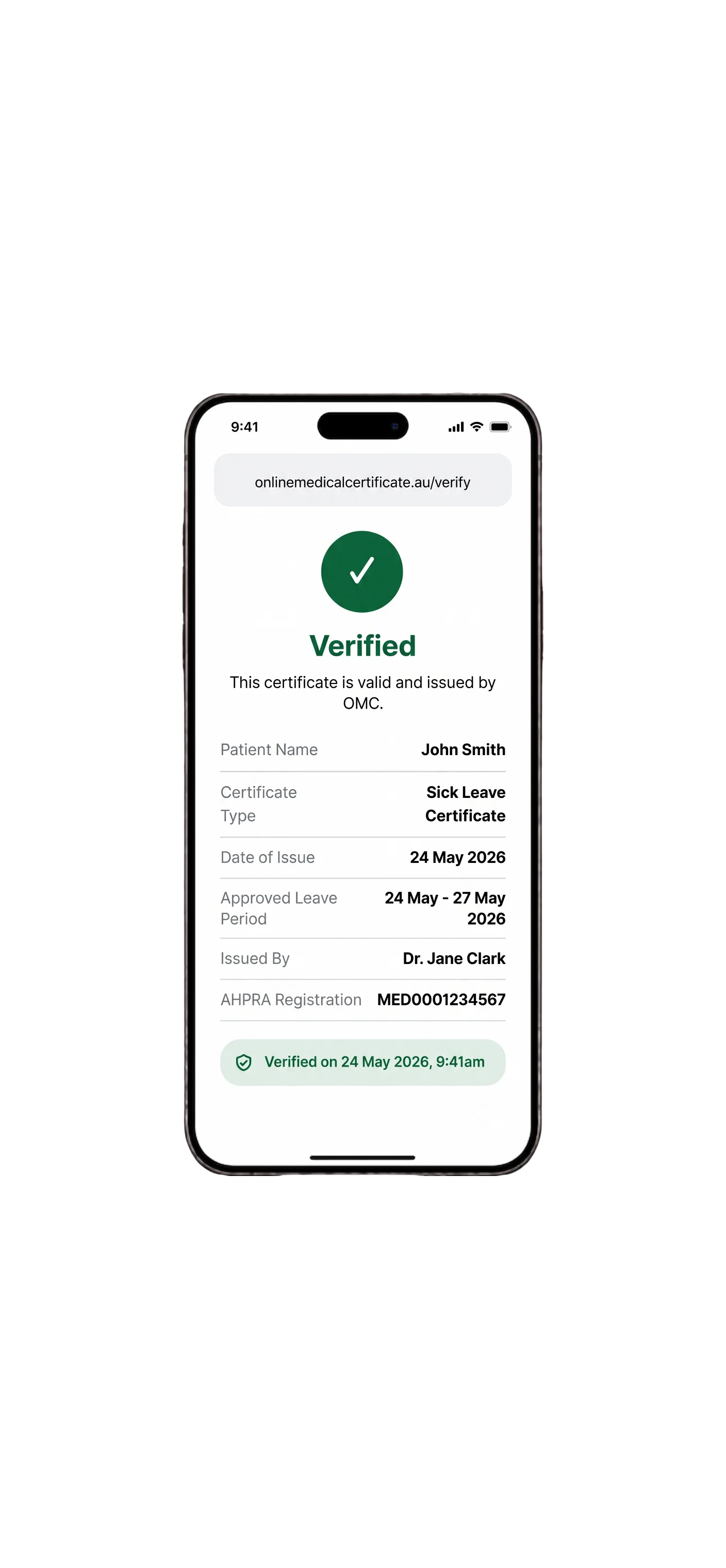 OMC Health certificate verification page on mobile showing verified status, patient details, and AHPRA registered doctor
