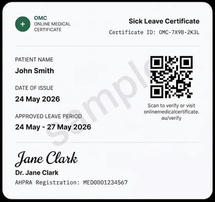 Sample OMC Health Sick Leave Certificate showing AHPRA registered doctor signature and QR code verification